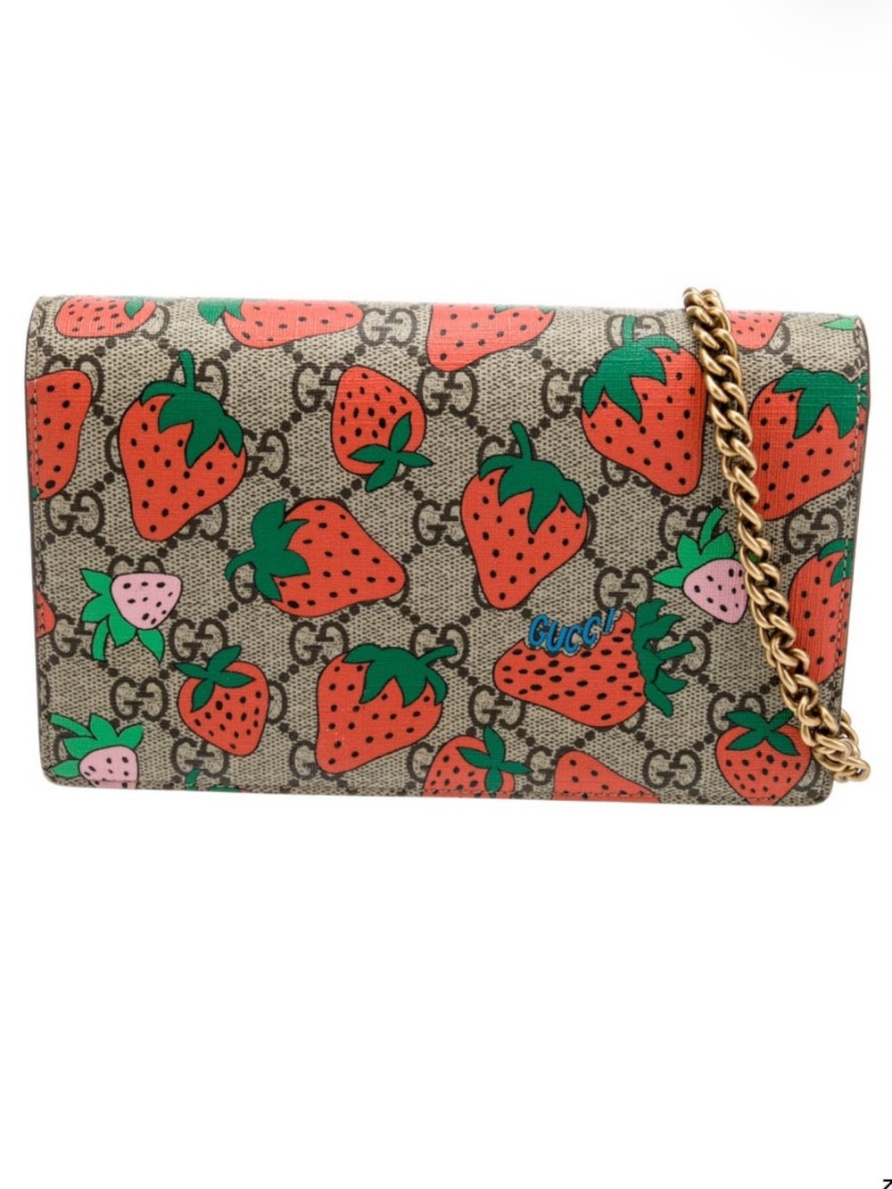 Gucci Strawberry Print Crossbody Bag in Beige, Red, Green